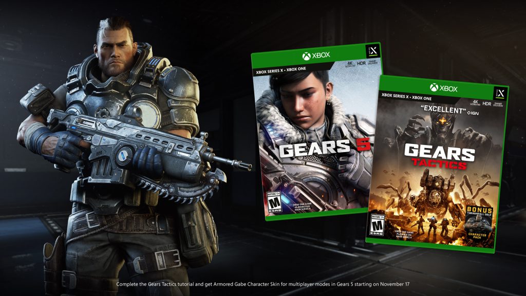 Gabe Diaz holding a lancer with the Xbox Console covers of Gears 5 and Gears Tactics
